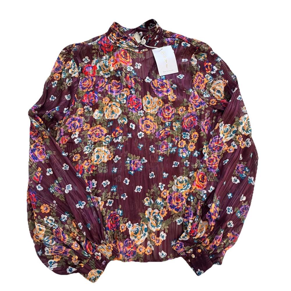 New WAYF Wine Floral Womens Blouse Keyhole Shirt M NWT Boho